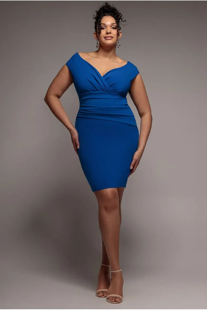 Goddiva Plus Bardot abito midi plissettato blu elettrico