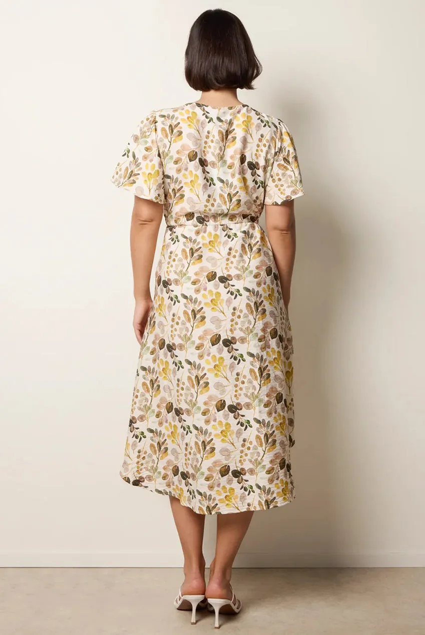 Blue Vanilla Leaf Print abito camicia midi giallo stampa foglie