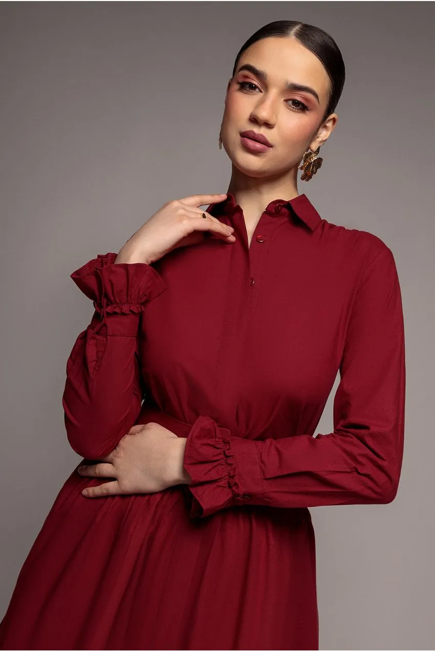 Goddiva Tiered Shirt abito midi wine cintura cotone