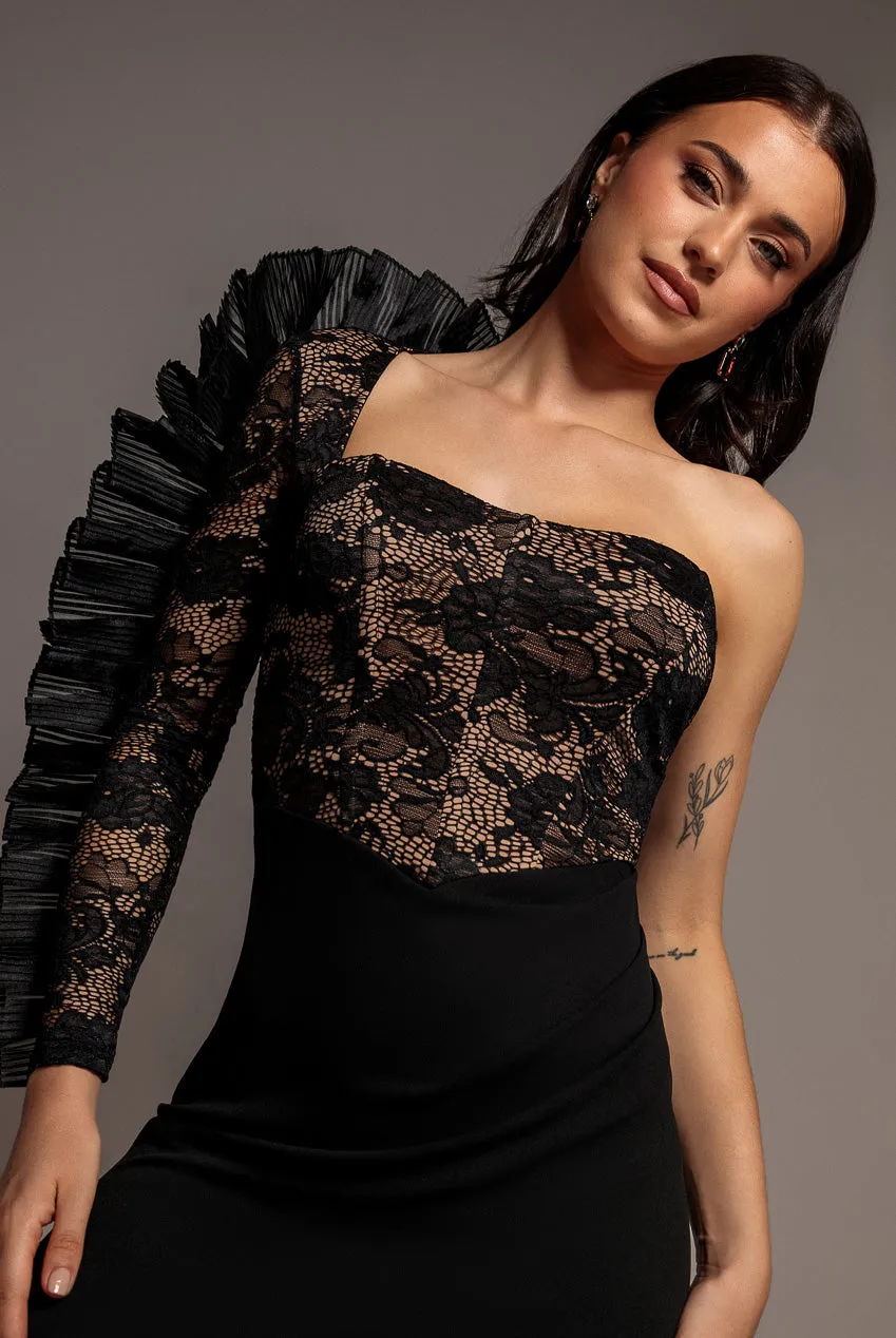 Goddiva One Shoulder abito maxi nero pizzo