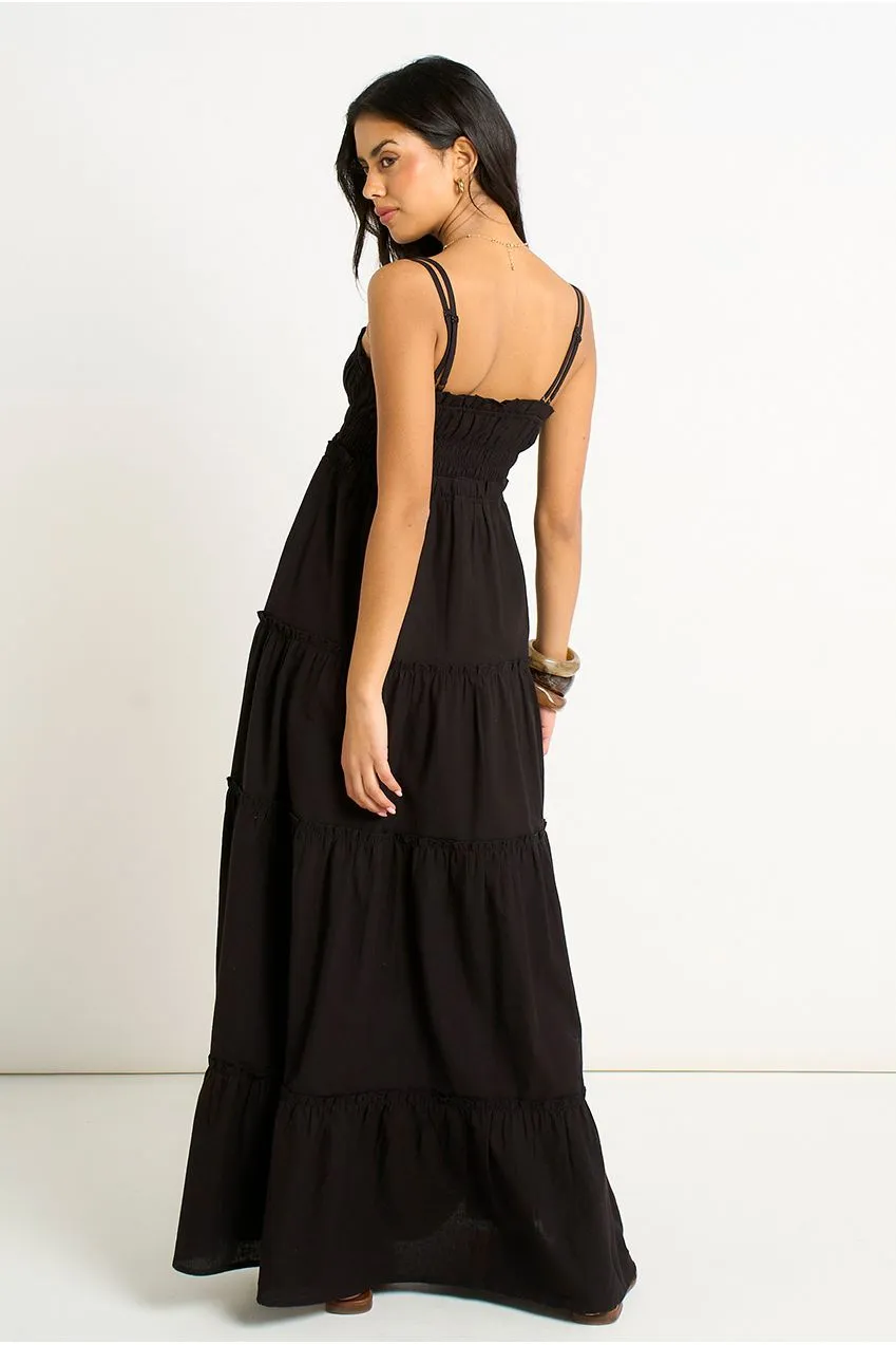 Gini London Shirred abito maxi nero in cotone