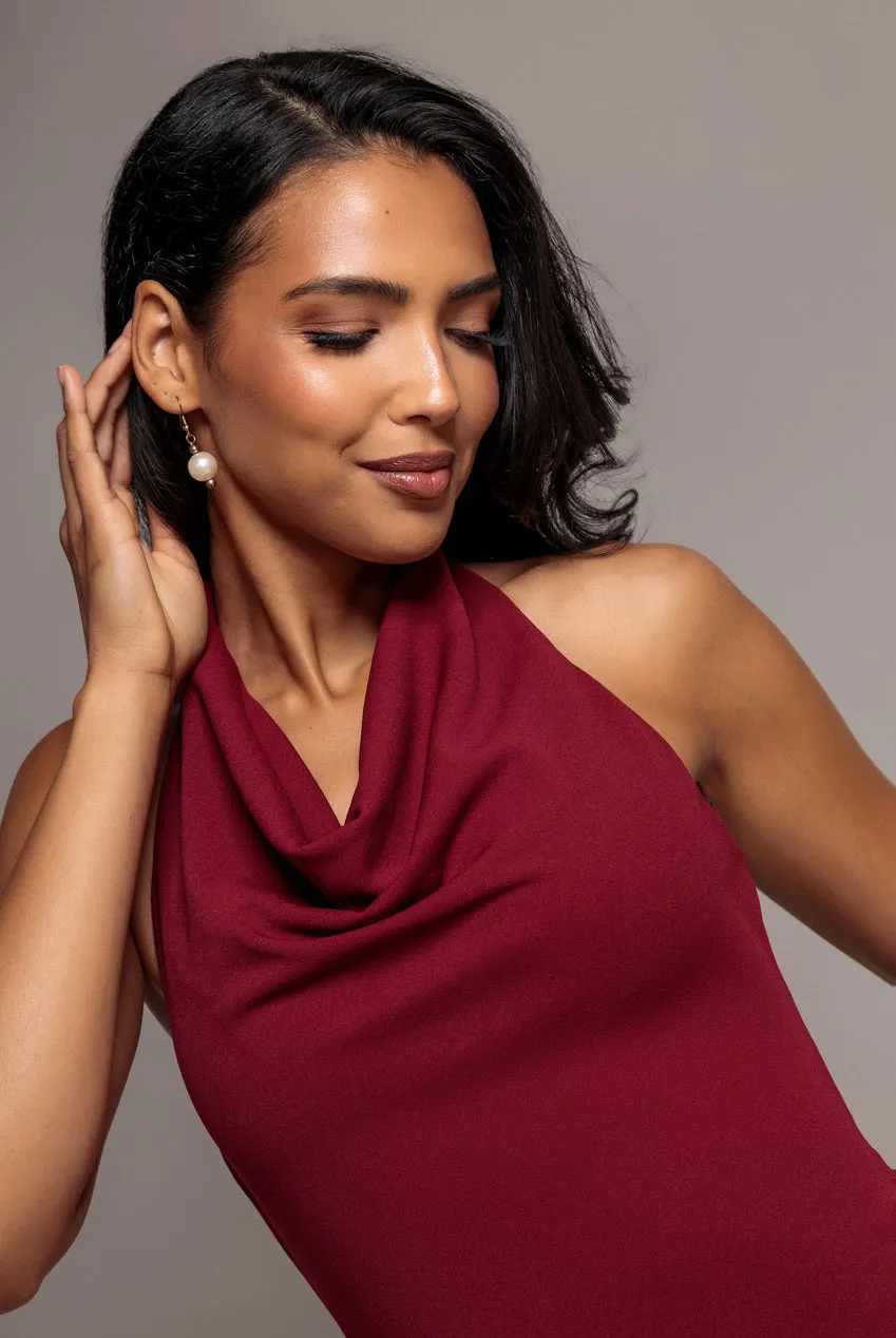 Goddiva Halterneck Cowl Neck abito maxi bordeaux schiena