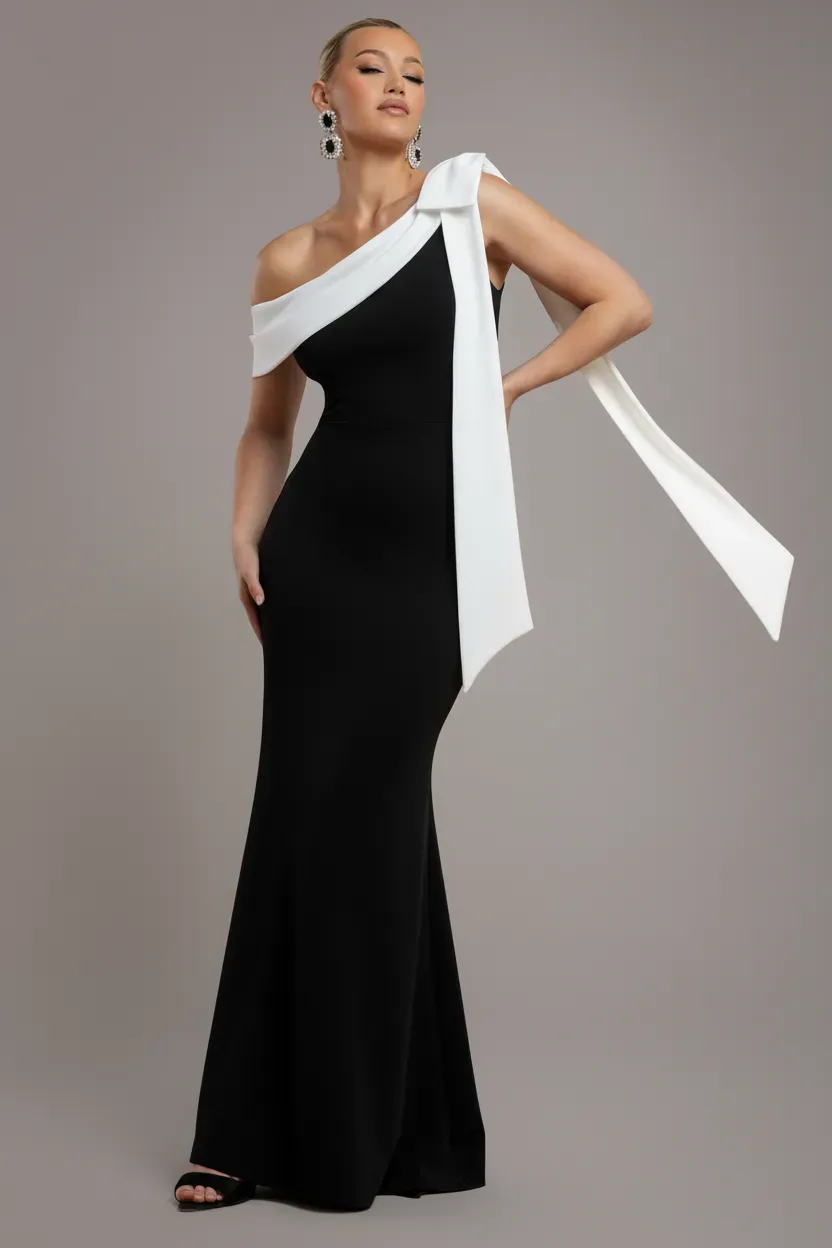 Goddiva One Shoulder abito maxi nero fiocco crema