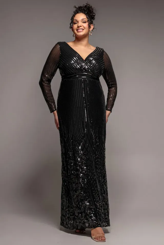 Goddiva Plus Sequin Wrap abito nero paillettes curvy