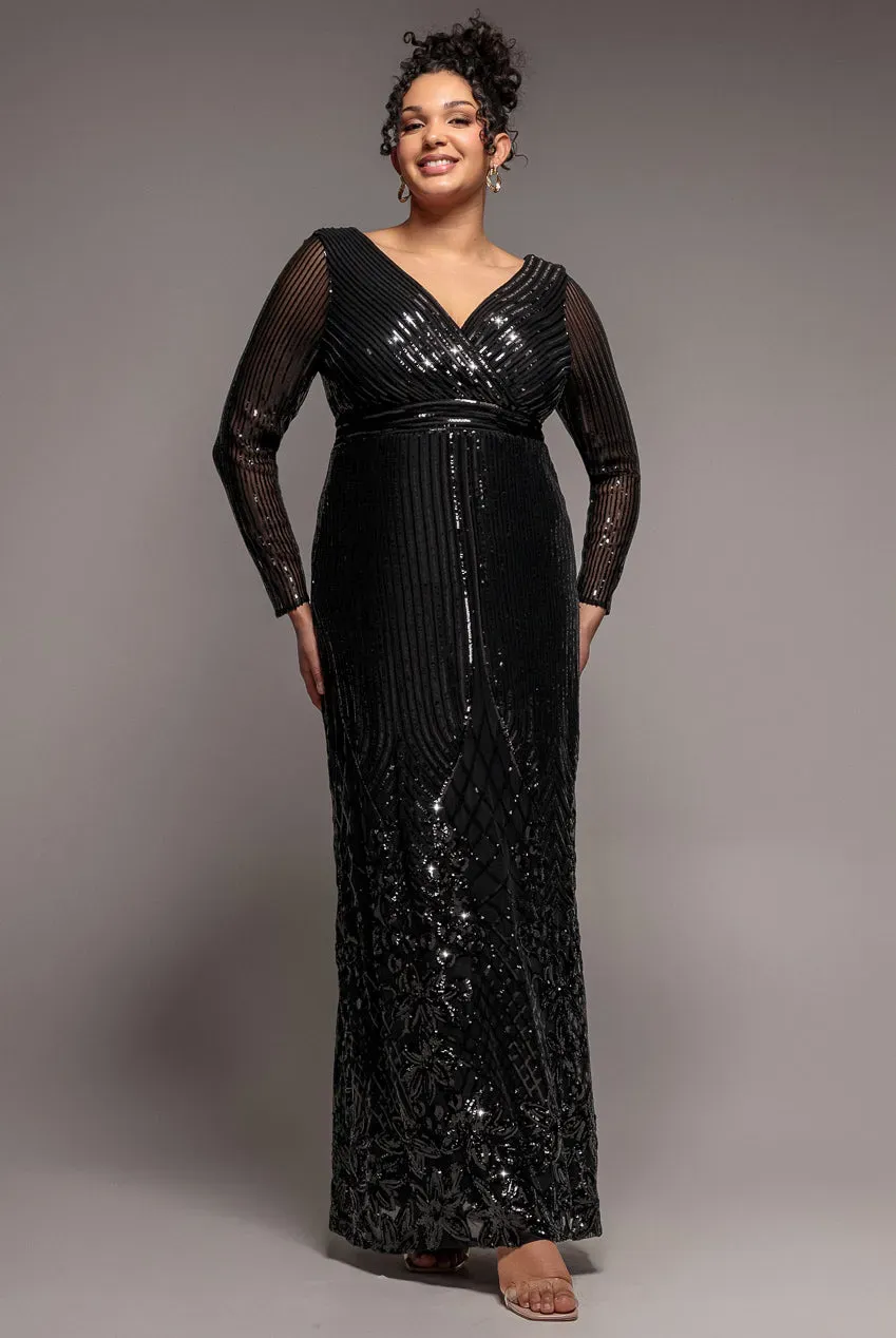 Goddiva Plus Sequin Wrap abito nero paillettes curvy