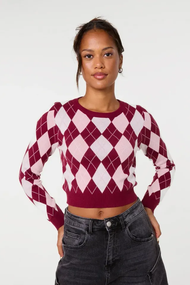 Pink Vanilla Argyle Diamond Check maglione vino cropped
