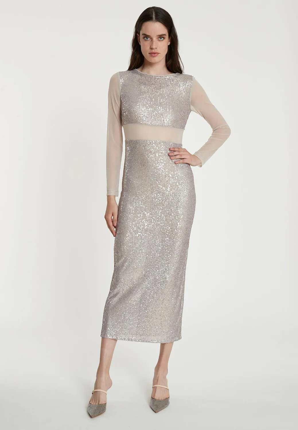 Ana Alcazar Tafia abito midi paillettes argento