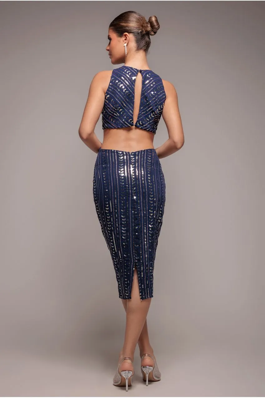 Goddiva Patterned Sequin Cut Out Midi abito paillettes blu navy