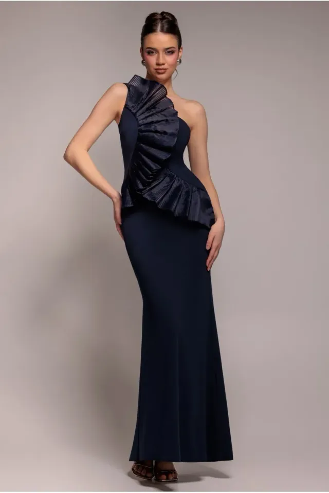 Goddiva One Shoulder Pleated Fan abito maxi blu navy