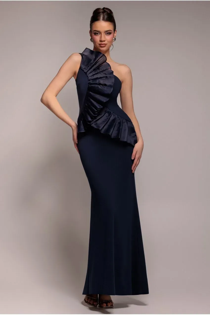 Goddiva One Shoulder Pleated Fan abito maxi blu navy