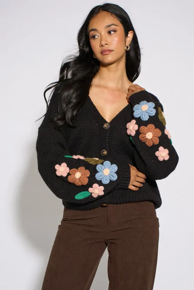 Gini London Cardigan Nero Maglia Fiori 3D Maniche