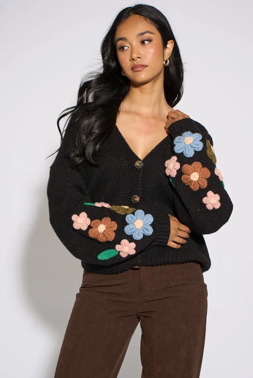Gini London Cardigan Nero Maglia Fiori 3D Maniche
