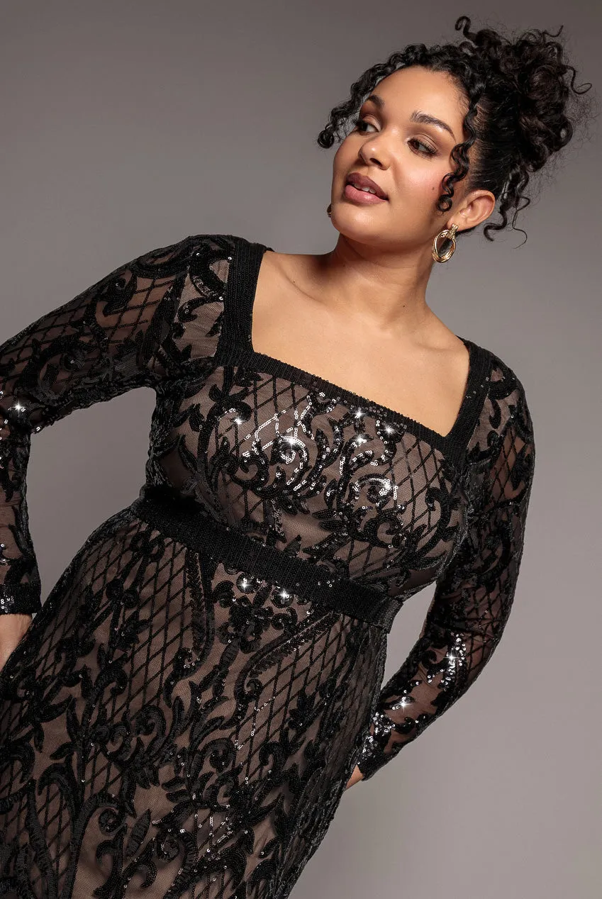 Goddiva Plus DR4038 abito maxi nero paillettes