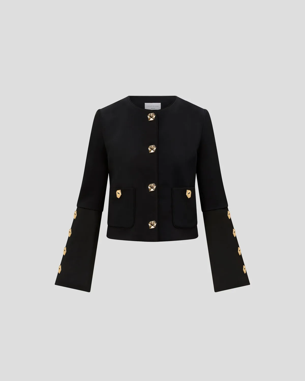 Violante Nessi Kelly giacca nera lana crepe cady bottoni oro