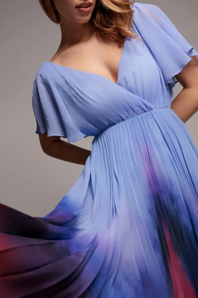 Goddiva Wavy Ombre Abito Lungo Chiffon Blu