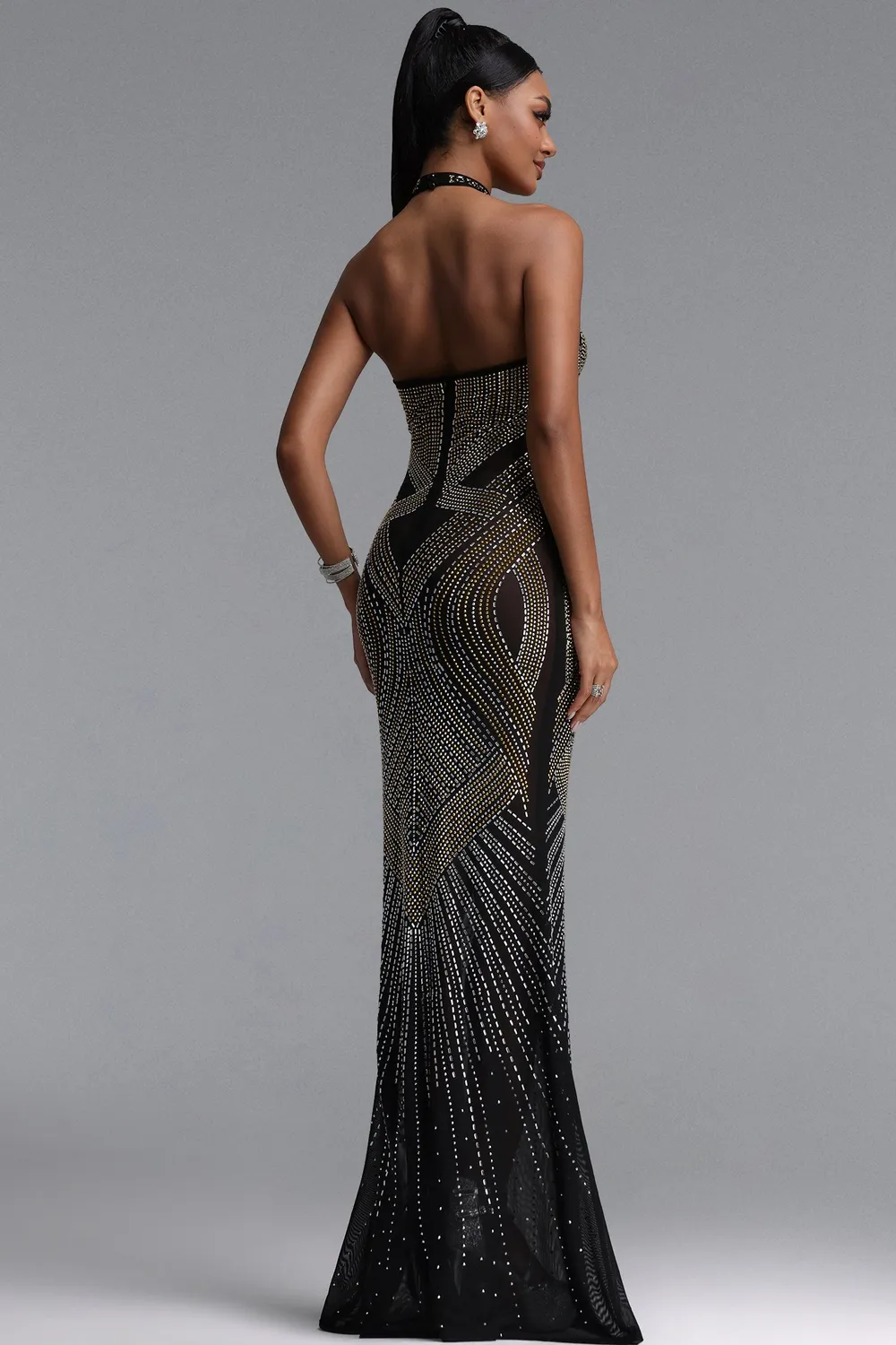 Bella Barnett Zelda Abito Lungo Nero halter strass S