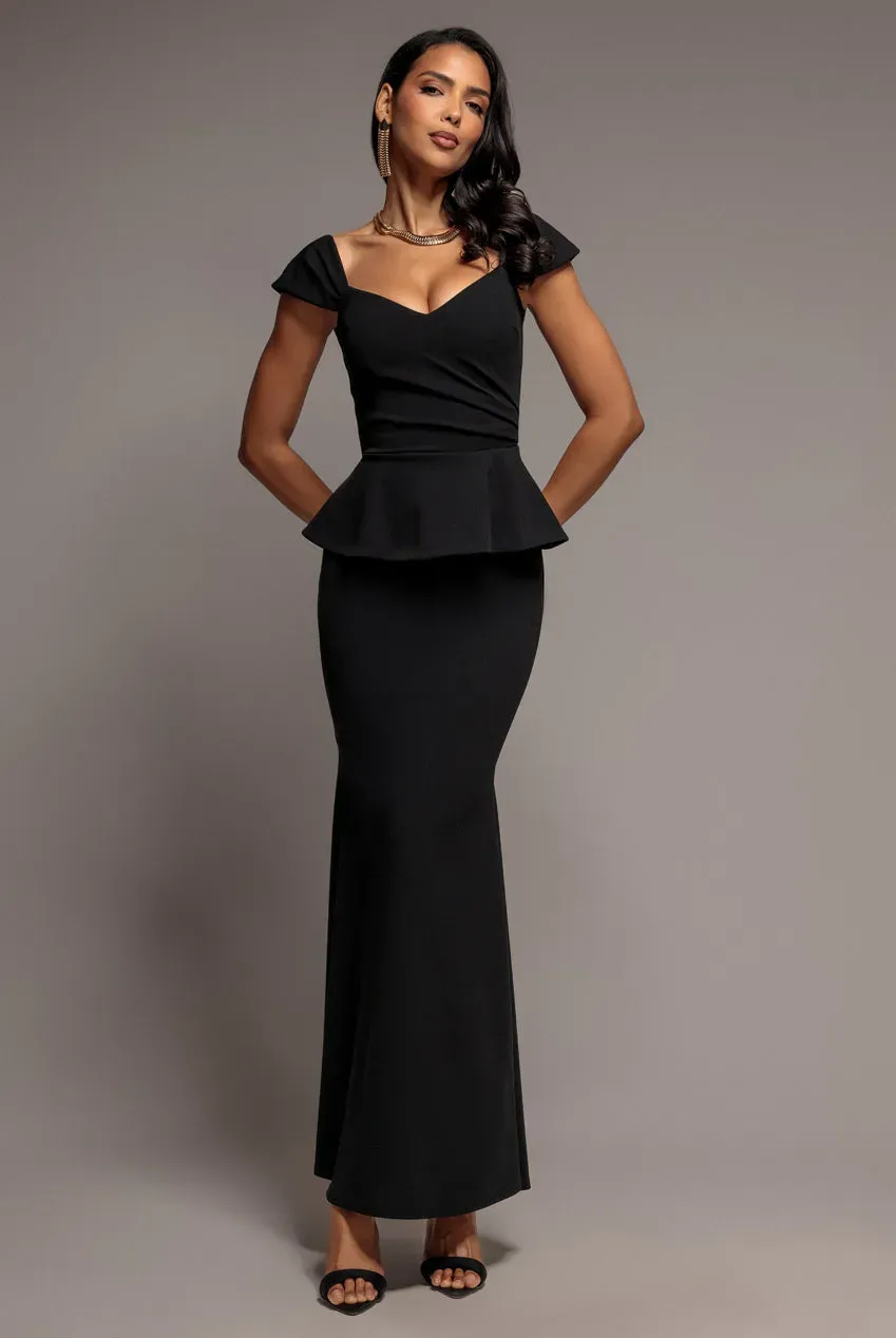 Goddiva Abito Maxi Scuba Peplo Nero Scollo Cuore 12