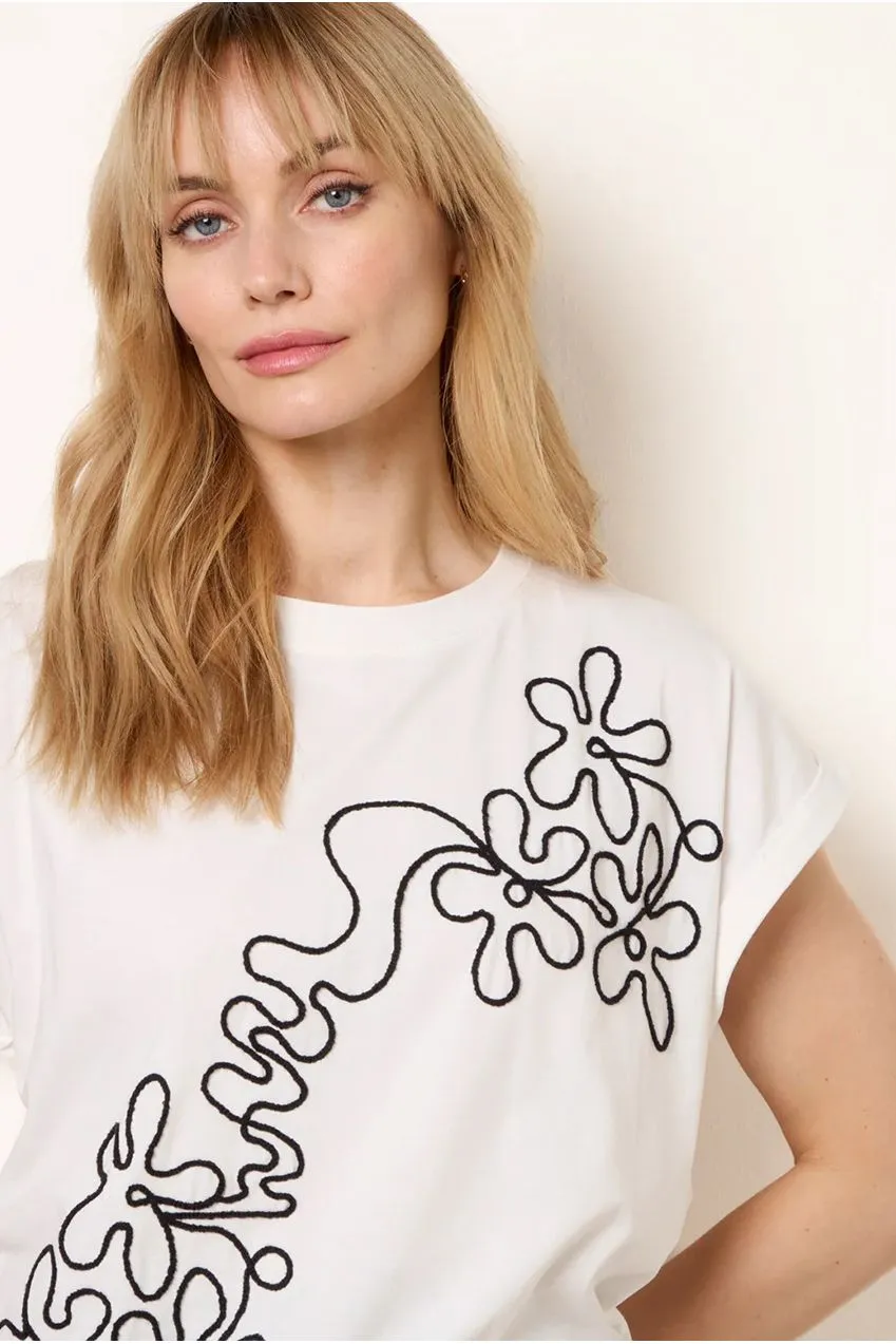 Blue Vanilla t-shirt avorio con ricamo floreale cotone