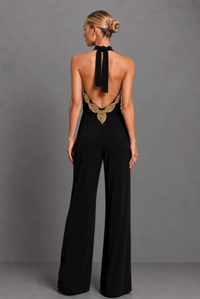 Honor Gold Sasha jumpsuit nero schiena nuda gamba larga