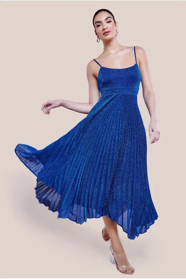 Goddiva Skater Midi abito blu royal lurex plissettato