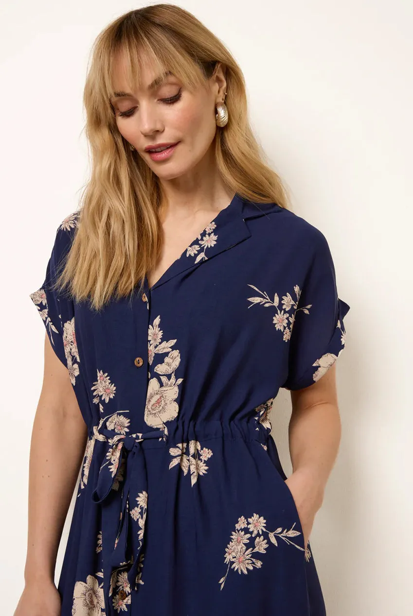 Blue Vanilla Drawstring abito camicia midi blu fiori