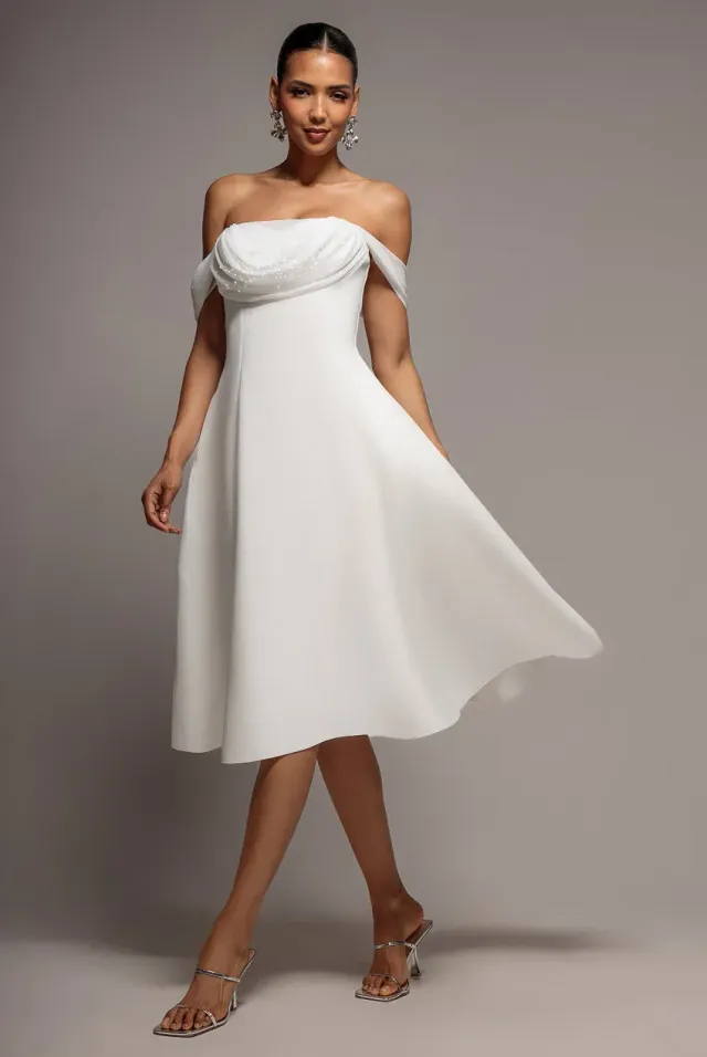 Goddiva Cowl Bardot abito skater crema 14 chiffon