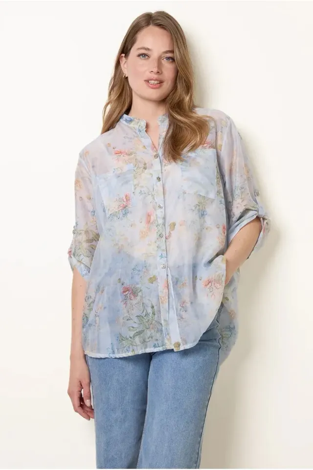 Blue Vanilla camicia sheer floreale blu 3/4 manica