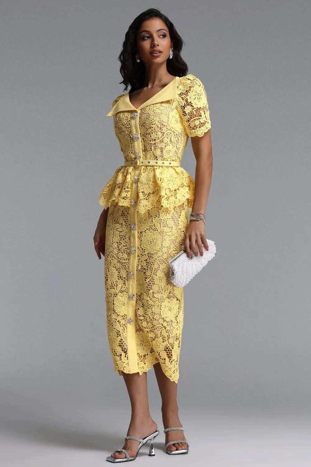 Bella Barnett Quinn abito maxi pizzo giallo floreale