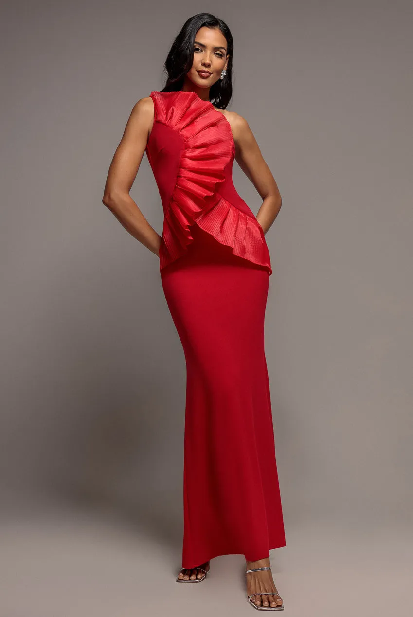 Goddiva DR4872 One Shoulder abito maxi rosso plissettato