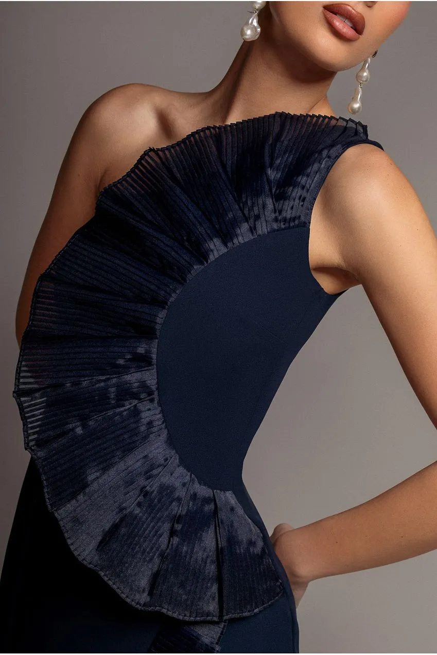 Goddiva One Shoulder Pleated Fan abito midi navy