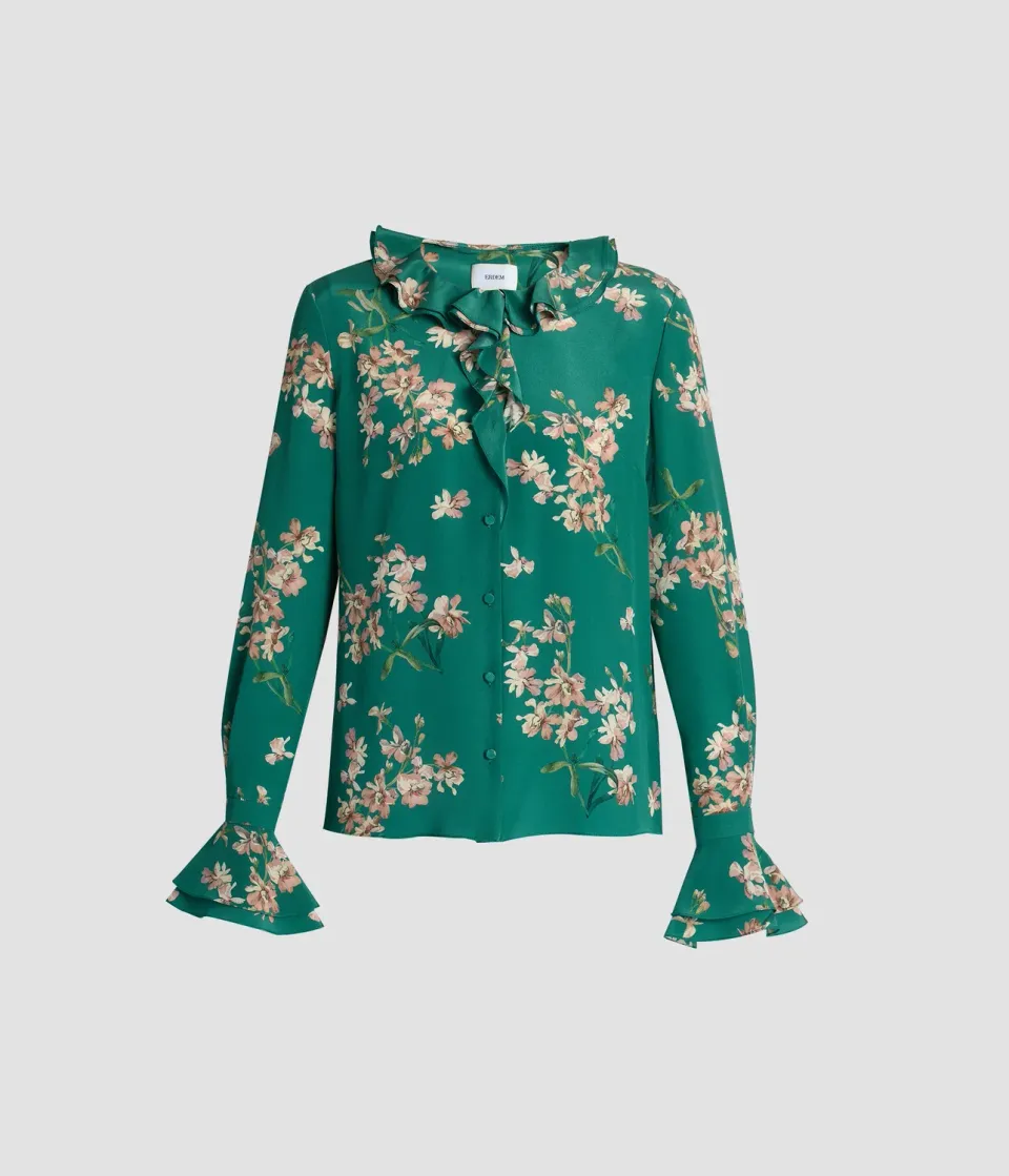 Erdem Floral Crepe camicia verde maniche lunghe 22