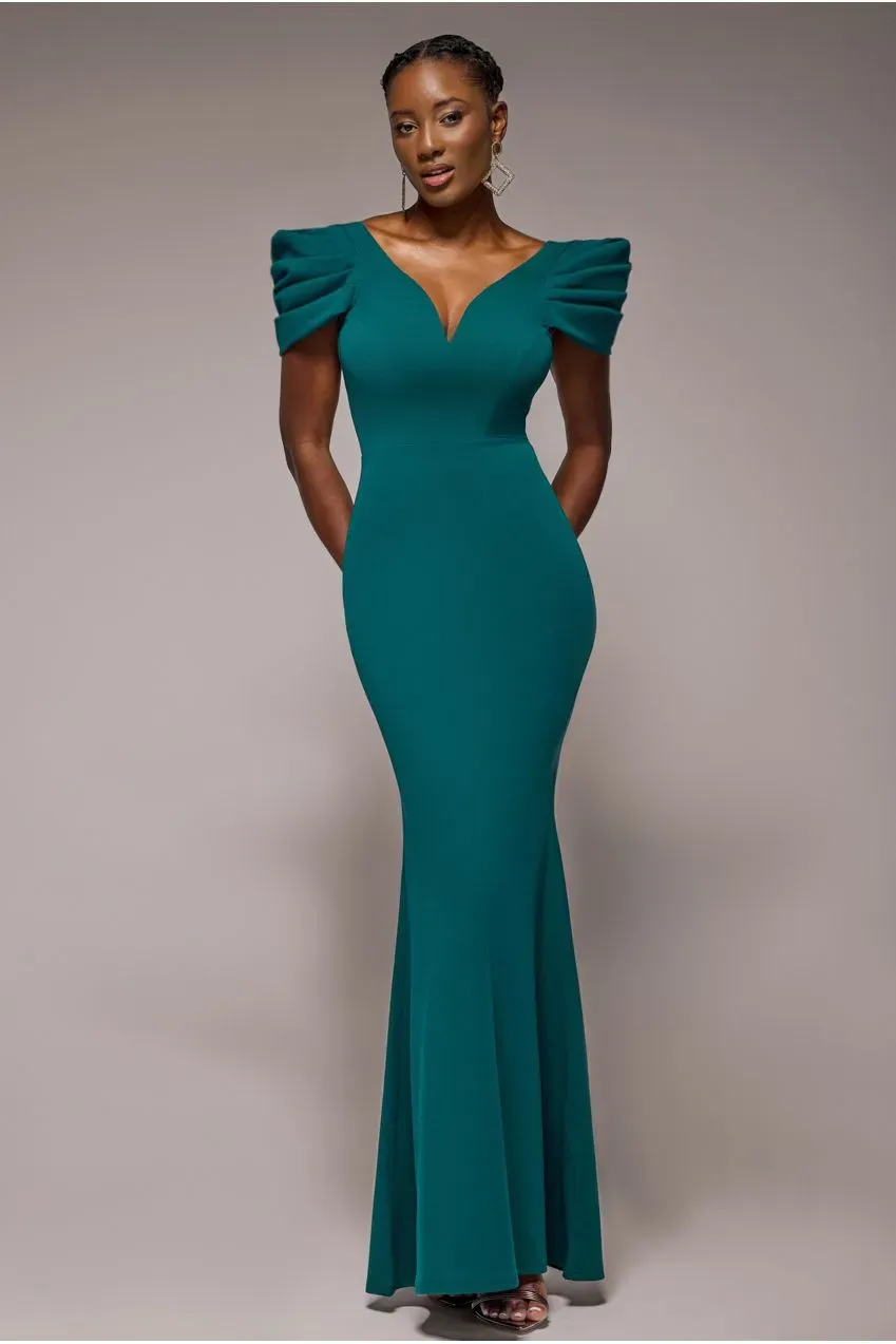 Goddiva Scuba Plunging Neck abito lungo verde smeraldo