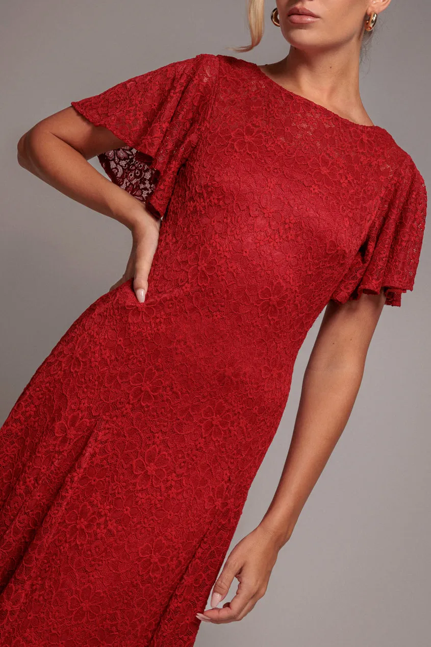 Goddiva DR4361 vestito midi rosso pizzo linea A maniche volant