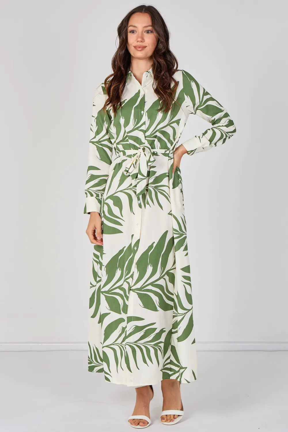 Love Sunshine Green Palm Print abito camicia verde maxi