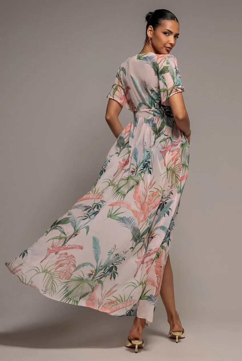 Goddiva Palm Print Flutter Sleeve kimono maxi palm print verde