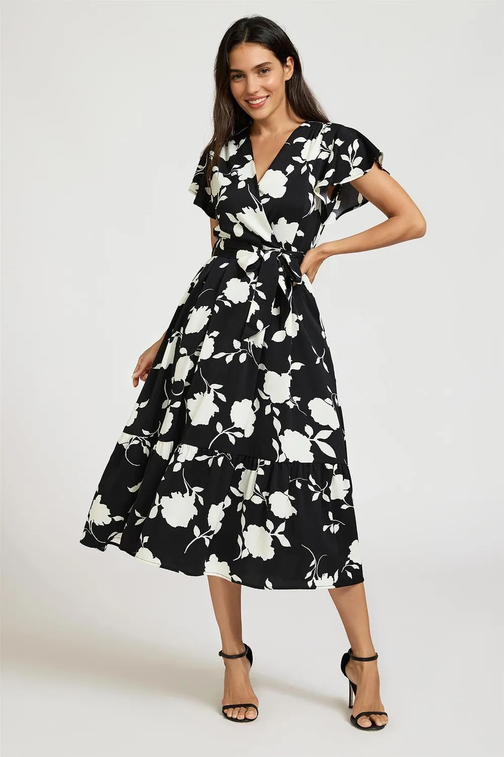 FS Collection Wrap abito midi nero floreale manica corta
