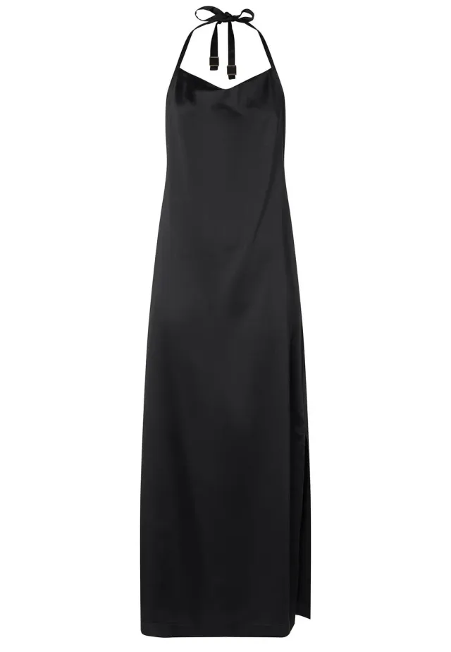 Ana Alcazar Paha abito lungo raso nero scollo halter