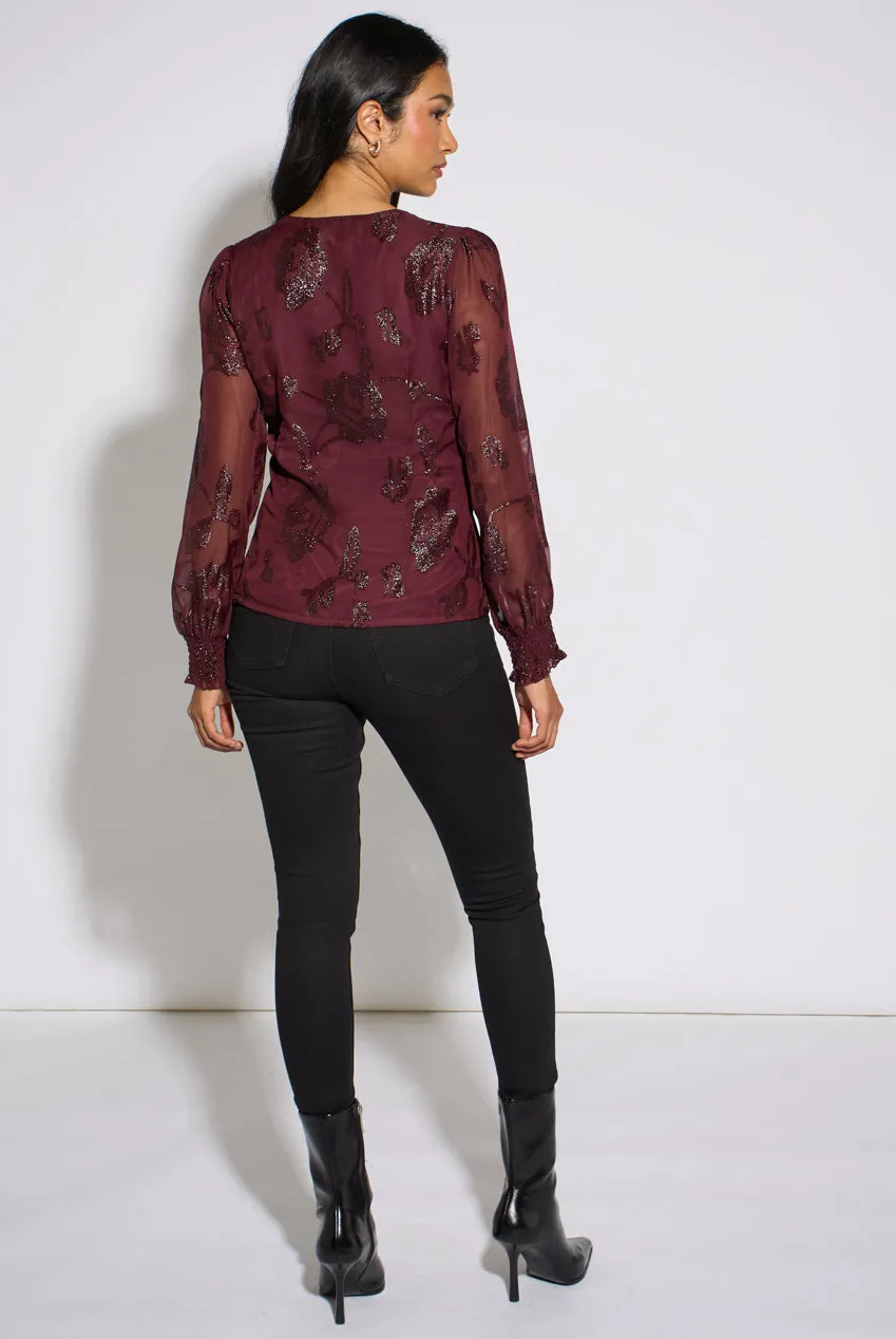 Gini London Floral Sparkle camicetta prugna jacquard