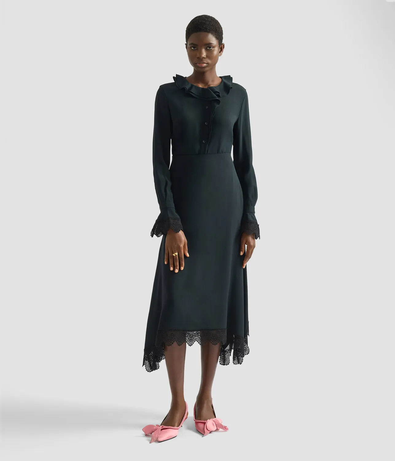 Erdem Satin Cady Long Sleeve Shirt camicia nera pizzo