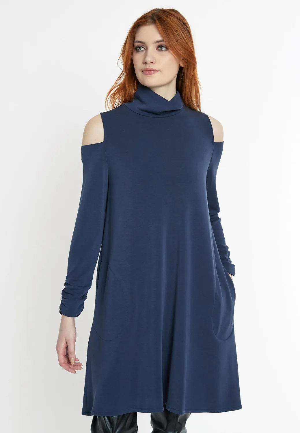 Ana Alcazar Sebaja abito blu jersey cut-out collo alto