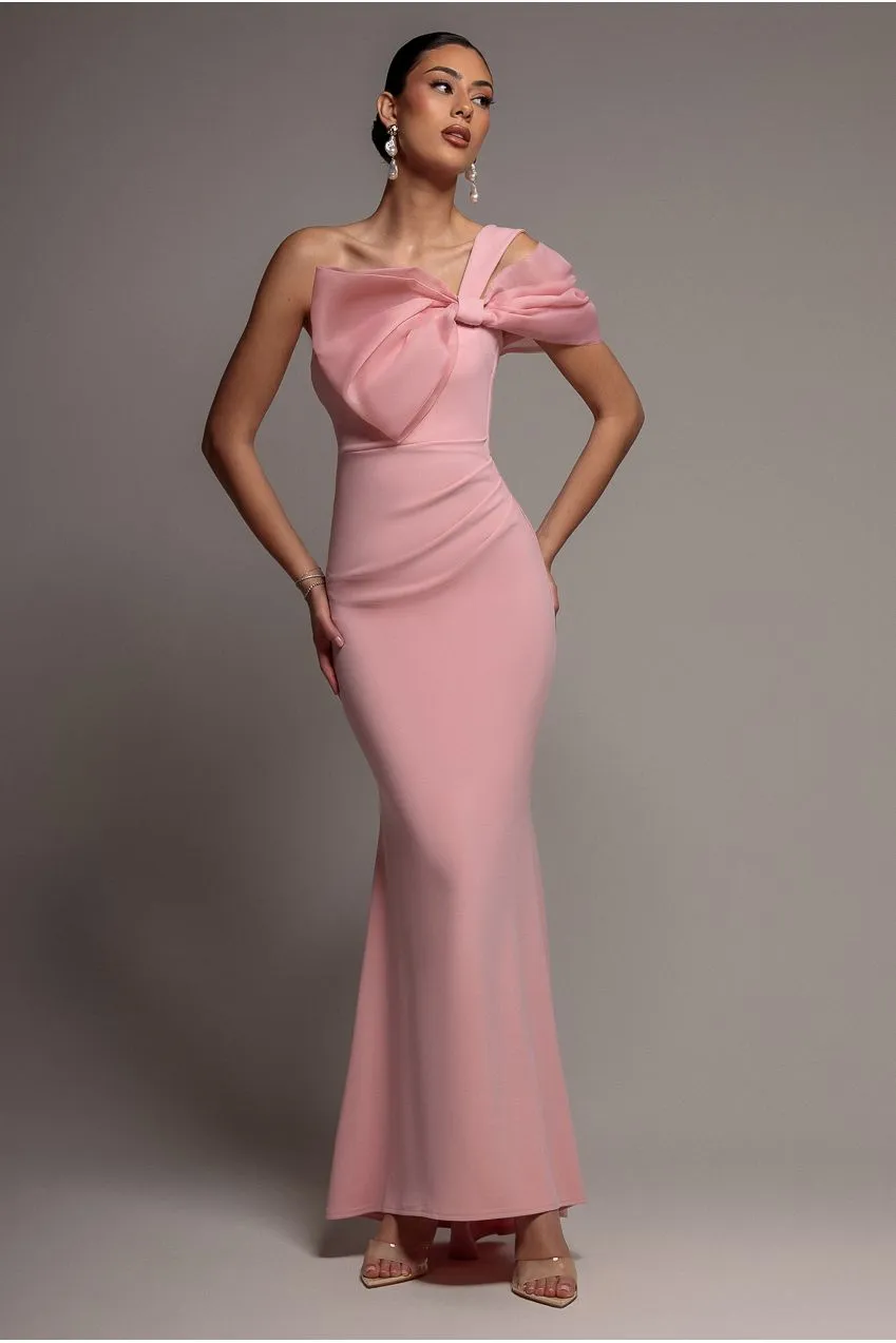 Goddiva Organza Bow abito maxi monospalla rosa blush