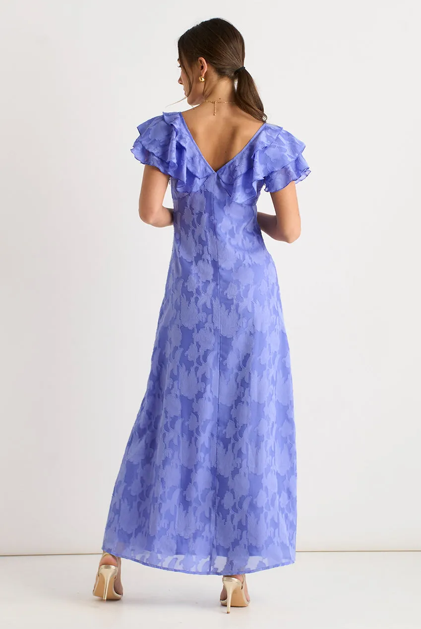 Gini London Ruffle abito maxi blu raso jacquard