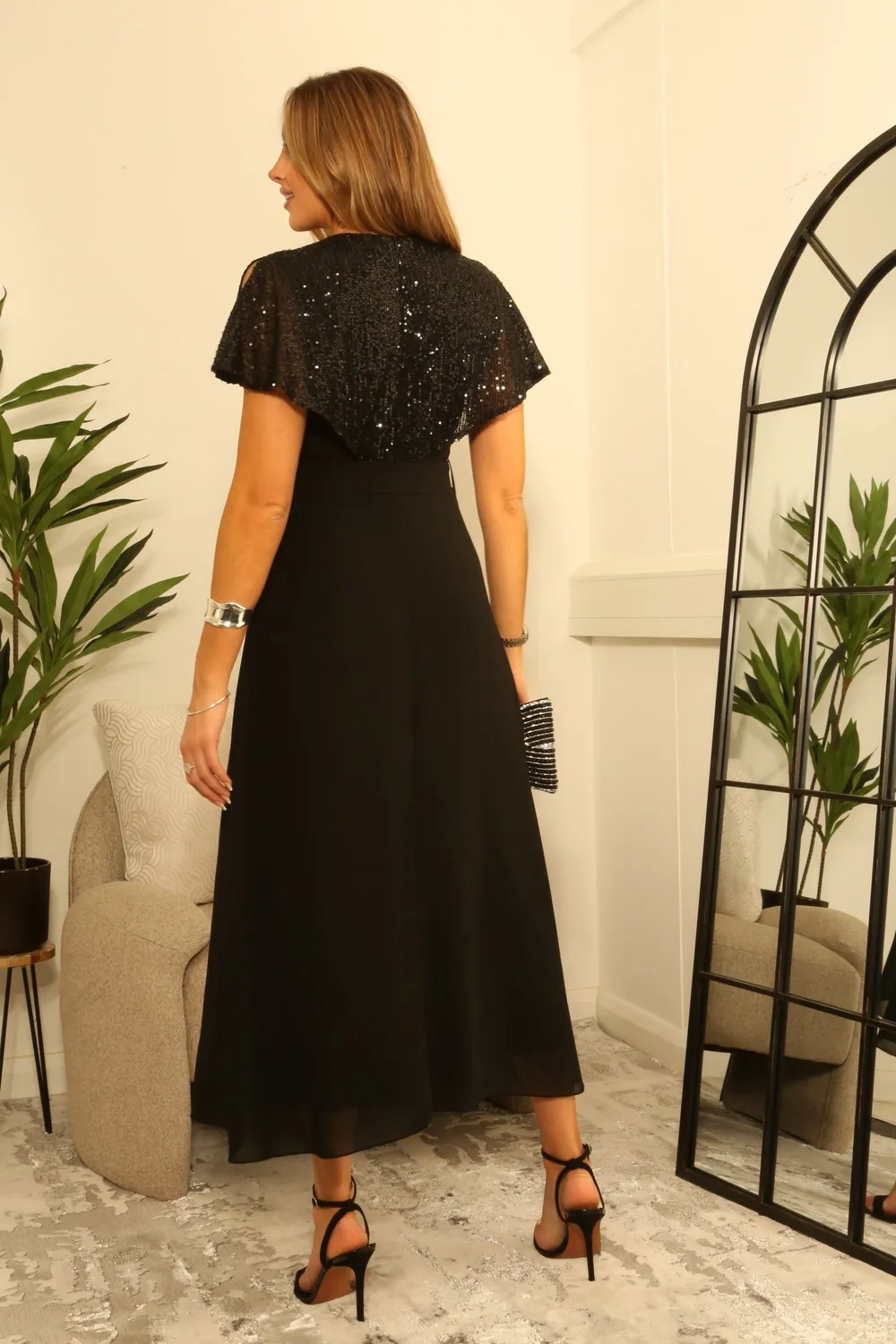 Double Second abito midi nero chiffon mantella paillettes