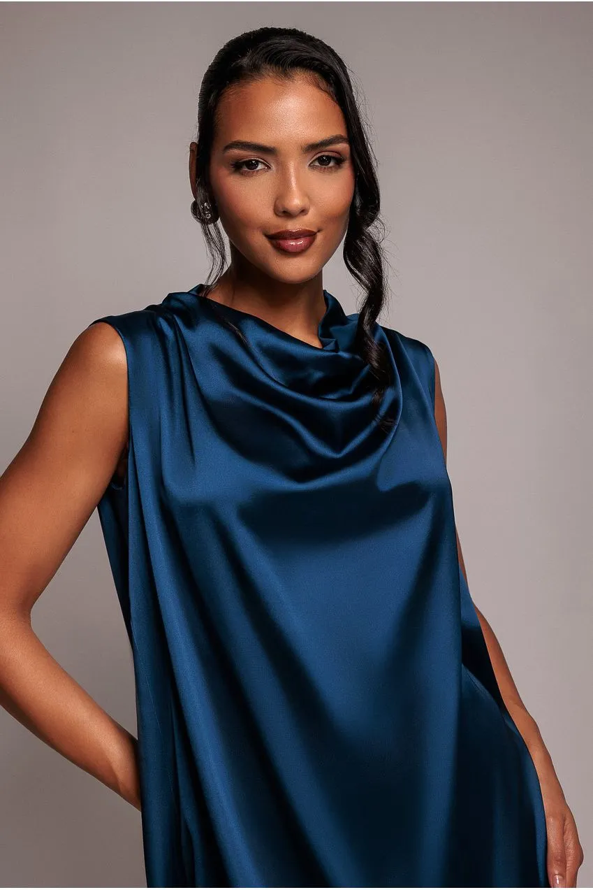 Goddiva Cowl Neck Back Wing abito midi raso blu navy