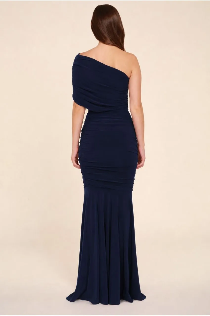 Honor Gold Alice One Shoulder abito maxi navy elasticizzato