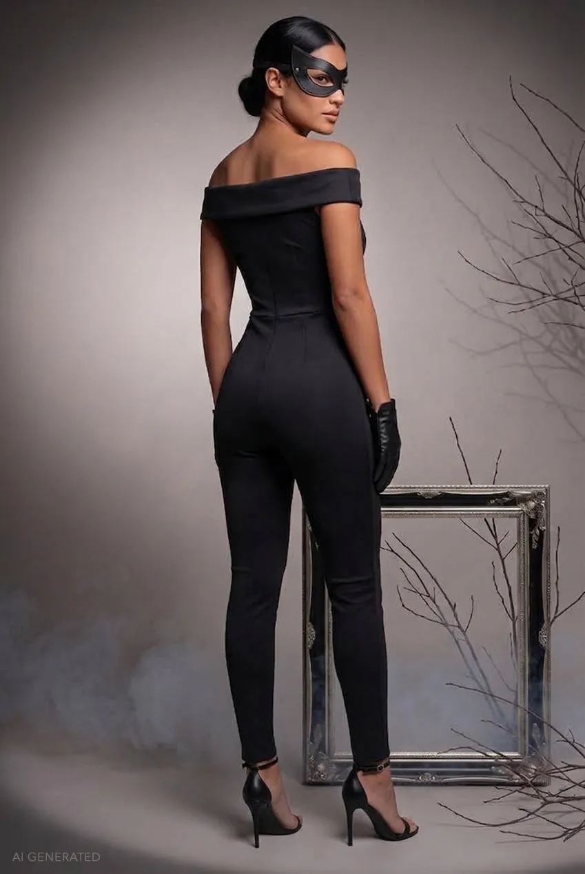 Goddiva Off The Shoulder Catwoman tuta nera Halloween