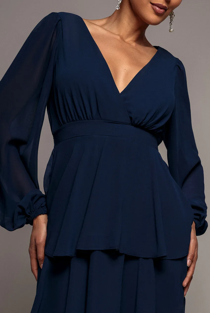 Goddiva Tiered Chiffon Wrap abito midi blu navy