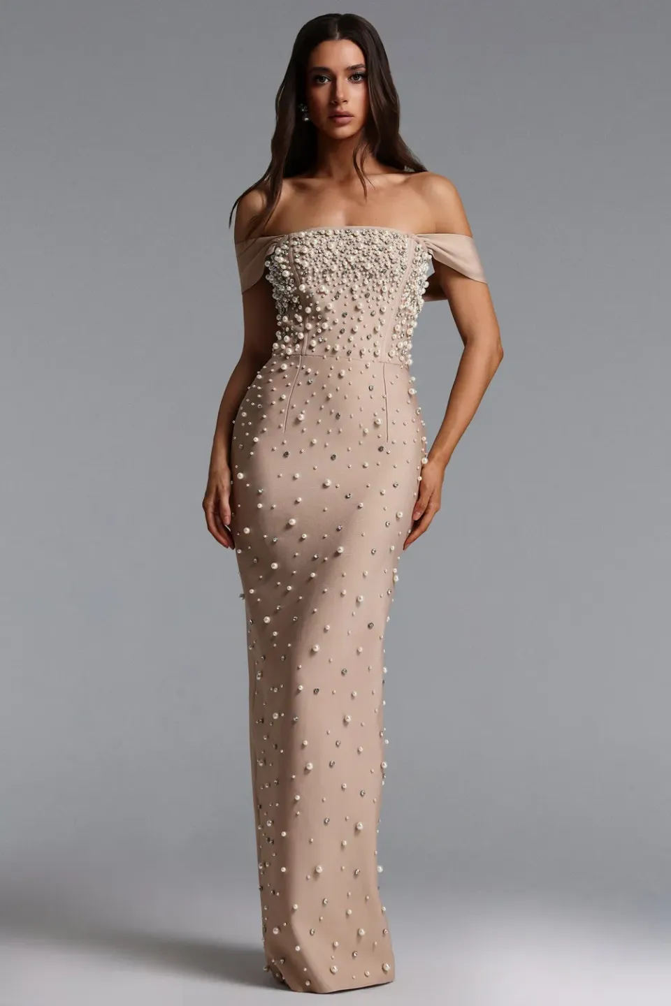 Bella Barnett Jaylee abito maxi bandage beige perle