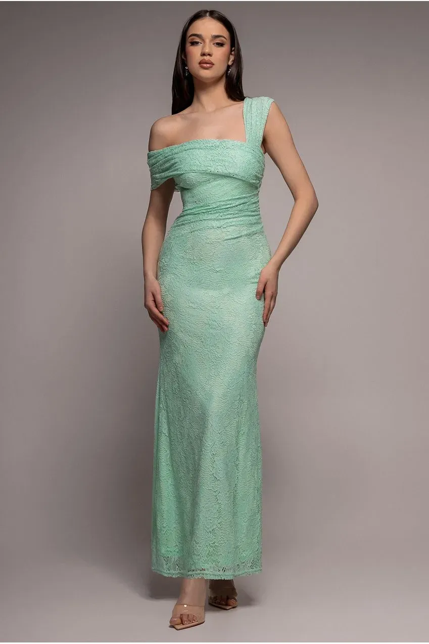 Goddiva abito maxi in pizzo verde menta monospalla plissettato