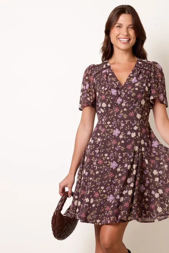Blue Vanilla V Neck Floral Mini abito cioccolato floreale
